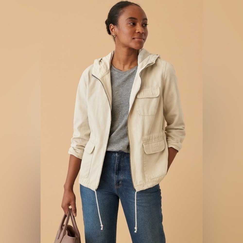 Gap Cream Hooded Utility Jacket Drawstring Waist Lightweight Zip Small